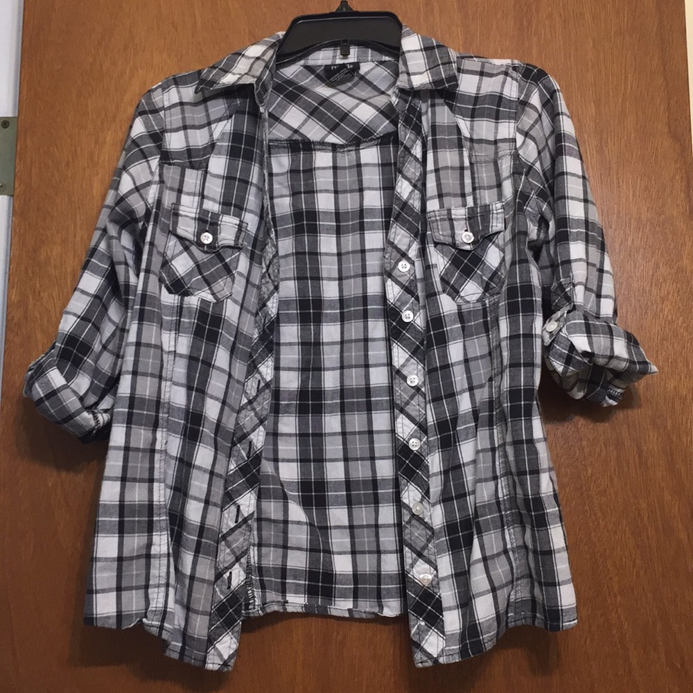Thin black and white plaid shirt.